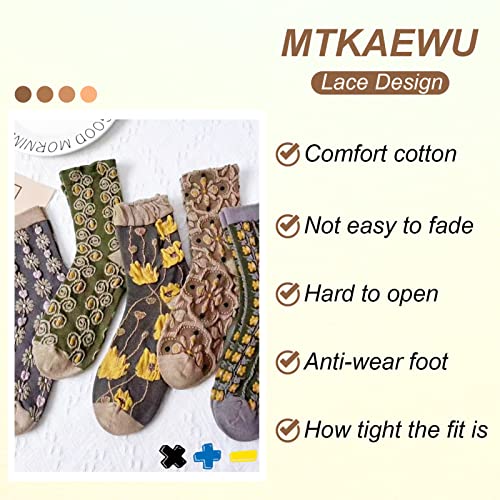Image of 5 Pack Cute Womens Floral Socks, Vintage Embroidered Frilly Floral Ankle Cotton Cottagecore Socks