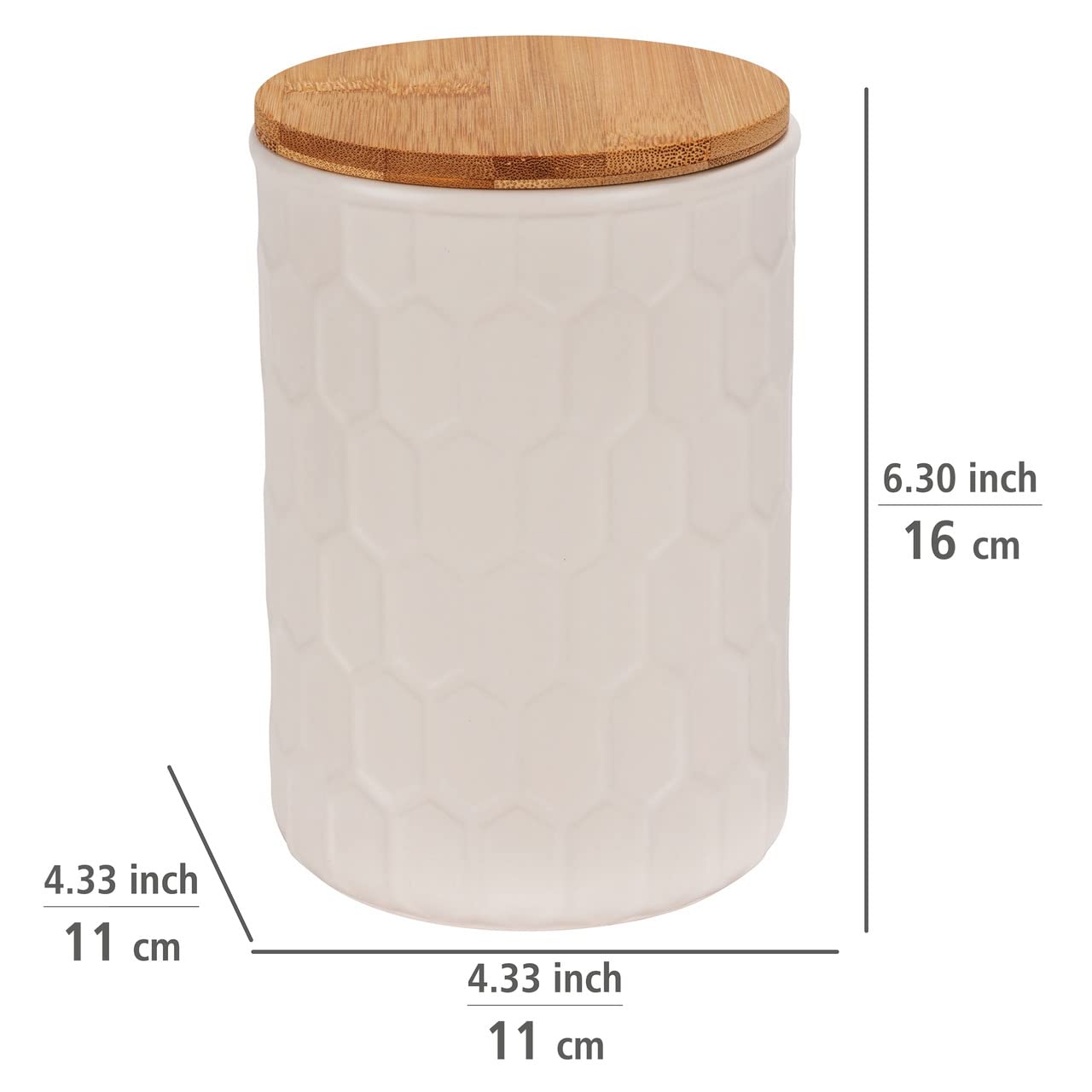 WENKO Tarro de almacenamiento Maya de cerámica blanca de calidad con estructura de panal, tarro apto para el lavavajillas con tapa hermética de bambú, certificado FSC®, 900 ml, Ø 11 x 16 cm