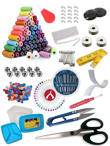 Image of Aezzo Double Layer Tailoring Sewing Kit Box with 24 Thread Spool,Needles,Measure Tape, Dress & Trouser Hook,Bobbins,Shirt Buttons,Seam Ripper,Scissors,Pearl Pin with Sewing Kit Box.