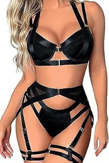 Women's Lingerie Set 4 Pieces Suspender Lingerie with Thigh Cuffs Strappy Underwear Set with Garter Belt (Black, M)