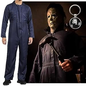Noufun Disfraz de Halloween de Michael Myers para adultos, traje de una pieza, disfraz clásico de Halloween, asesino de terror, Halloween, cosplay, azul marino