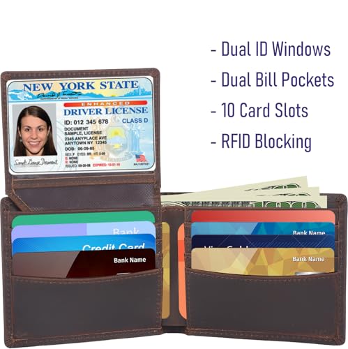STAR VISTA Robin Vintage Slim Leather Wallet for Men, Full Grain Cowhide, AirTag Holder, Dual ID Window, Dual Bill Pockets, 10 Card Slots, RFID Blocking, Bifold2