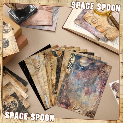 Image of TaoBary 160 Pcs Space Spoon Stationery Paper and Envelopes Set 50 Double Sided Lined Stationery Paper with 50 Matching Envelopes and 60 Round Dot Sticker 5.5 x 8.25'' Letter Writing Kit, 10design