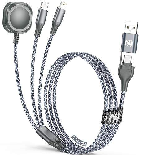 Multi Charging Cable for Apple Watch Charger,3 in 2 USB C Cable 6FT iPhone Charger/Type C/Lightning Travel Essentials Cables for iWatch Ultra/SE/10-1&iPhone 16-5 Pro/Plus