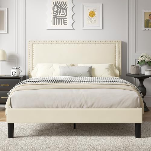 Image of VECELO Queen Size Platform Bed Frame with Height Adjustable Upholstered Headboard, Modern Mattress Foundation,Strong Wood Slat Support, No Box Spring Needed, Easy Assembly,Beige