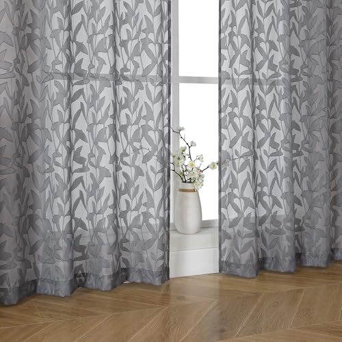 OWENIE Leyna Charcoal Gray Sheer Curtains 84 Inches Long for Living Room Bedroom 2 Panels Set, Modern Clip Jacquard Leaves Textured Light Filtering Curtains, Double Rod Pockets Drapes, 40Wx84L Inch