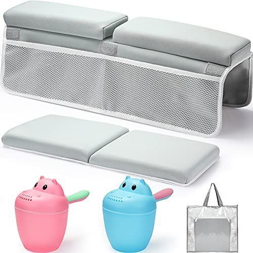 Drydiet Bath Kneeler and Elbow Kneeling Rest Pad Set for Baby Bathing with 2 Baby Bath Rinse Cup Waterproof Baby Bath Foam Pad with Toy Organizer Pockets Foldable Padded Knee Mat for Tub Bathing