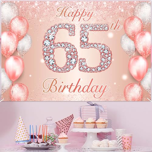 Image of Happy 65th Birthday Rose Gold Banner Cheers to 65 Years Old Backdrop Confetti Balloons Theme Decor for Women 65 Years Old Pink Birthday Party Decorations Bday Supplies Background Favors Gift Glitter