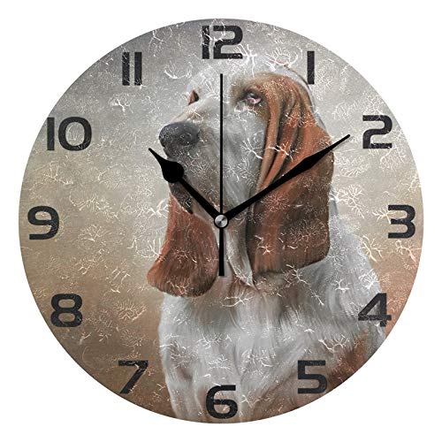 Alaza Vintage Dog Basset Hound Portrait Round Wall Clock, Silent Non Ticking Oil Painting Home Office School Decorative Clock Art #TOP18