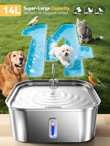 Image of Large Dog Water Fountain 14L /3.7Gal, Stainless Steel Pet Fountain for Large Dogs and Multi-Pets Families, with Visible Window & Extra Wide Drinking Area, Square Design Enlarges Capacity & Saves Space