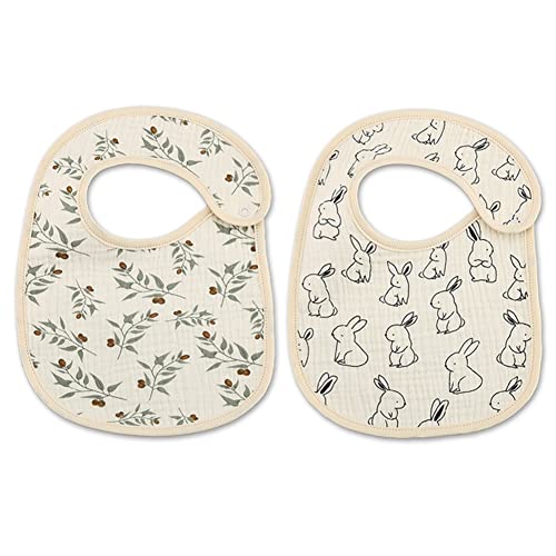 Cotton Waterproof Baby Girls 2 Pack Bibs with Button for Teething Drooling Eating Newborn Bib Prints, Type 1