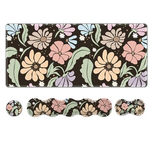ARTSO Keyboard Wrist Rest Large Mouse Pad Wrist Support,Black Floral 4in1 Keyboard Pad Desk Mat,Ergonomic Memory Foam Wrist Support Cushion for Home Office