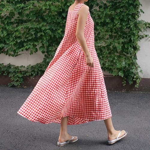 Image of chouyatou Women's Summer Casual Loose-Fit Cotton Plaid Tank Maxi Dress with Pockets Boho Beach Sundress