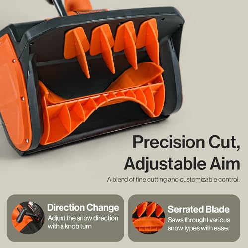 SuperHandy Electric Snow Thrower Adjustable Angle 17" Clearing Width 5.7" Intake Height 23' ft Throw Curved Serrated Blade 48V-2Ah Battery Portable Wheels Easy Maneuver Safety Switches Comfort Handle
