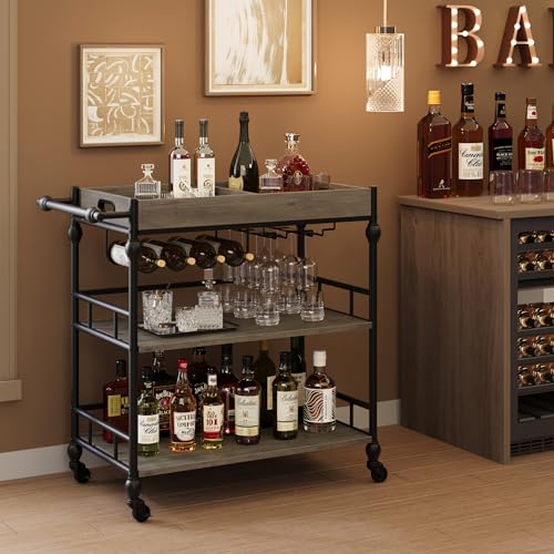 GarveeHome Bar Cart with Wheels, 3-Tier Serving Cart for Home, Mobile Rolling Beverage Cart with Wine Rack and Removable Tray for Kitchen, Dining, Liv