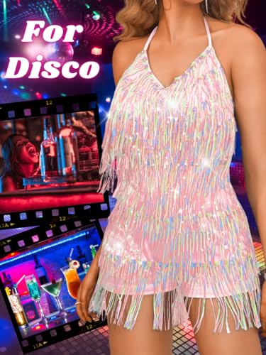 Image of Kaei&Shi Sequin Fringe Romper,Sparkly Glitter Metallic Jumpsuits For Women,Backless Shorts Dress Disco Birthday Dance Outfit