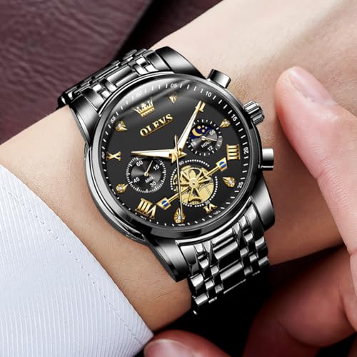 Image of OLEVS Watch for Man Analog Quartz Skeleton Chronograph Diamond Watches Stainless Steel Moon Phase Calendar Waterproof Dress Watches