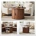 FABATO Round Lift Top Coffee Table, Fluted Wood Accent Coffee Table with Hidden Storage and Open Shelves, Drum Table with Sliding Rolling Door, Small Center Table Dining Table for Living Room, Walnut