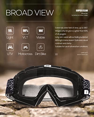 Image of BATFOX Dirt Bike ATV Goggles Motorcycle Glasses Riding Motocross 4-Wheeler MX DH Accessories for Men Women Youth UV Protection Safety Dust-Proof Anti-Slip Strap(Clear-Black)