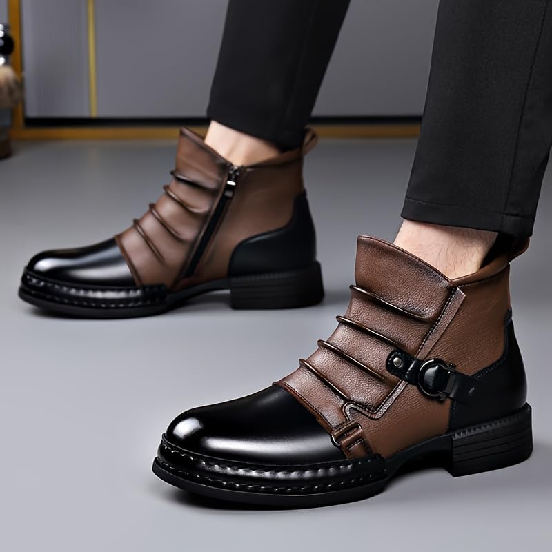 Men's British Retro Work Boots - Short Ankle Lace-Up with Zipper Closure, Round Toe & Chunky Sole for All-Season Casual Wear - Image 2