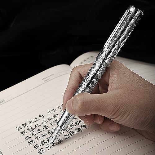 Image of Hongdian D1 Piston Fountain Pen Extra Fine Nib, Hollow Skeleton & Resin Pen with Metal Case Set (Silver)