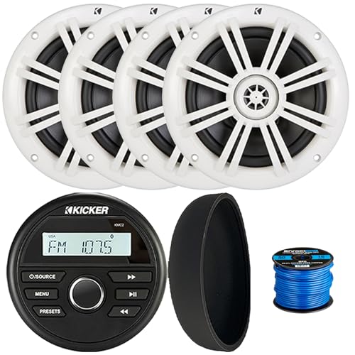 Kicker 46KMC2 Marine Bluetooth All-Weather AM/FM USB/AUX Gauge Style Media Center Receiver W/Black Cover, 4X 6.5 150 Watts Max Power 2-Way Boat White Coaxial Speakers, 50 Feet 16 Gauge Speaker Wire
