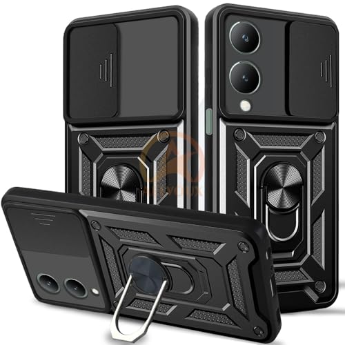 Image of Armor Bumper Back Cover Case for Vivo Y17S Rotating Camera Cover, Ring Holder & Kickstand | Heavy Duty & 360 Degree Protection Vivo Y17S Back Cover (Black)