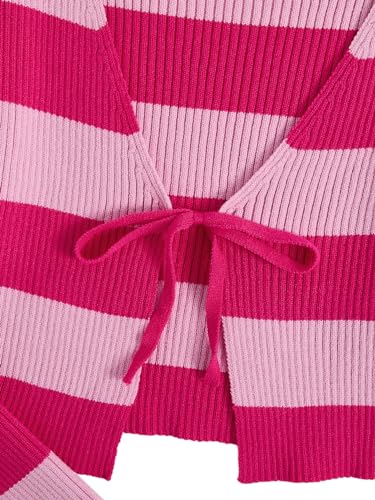 Image of Floerns Women's Tie Front Long Sleeve Rib Knit Shrug Sweaters Cardigan Crop Top Pink and Purple Large