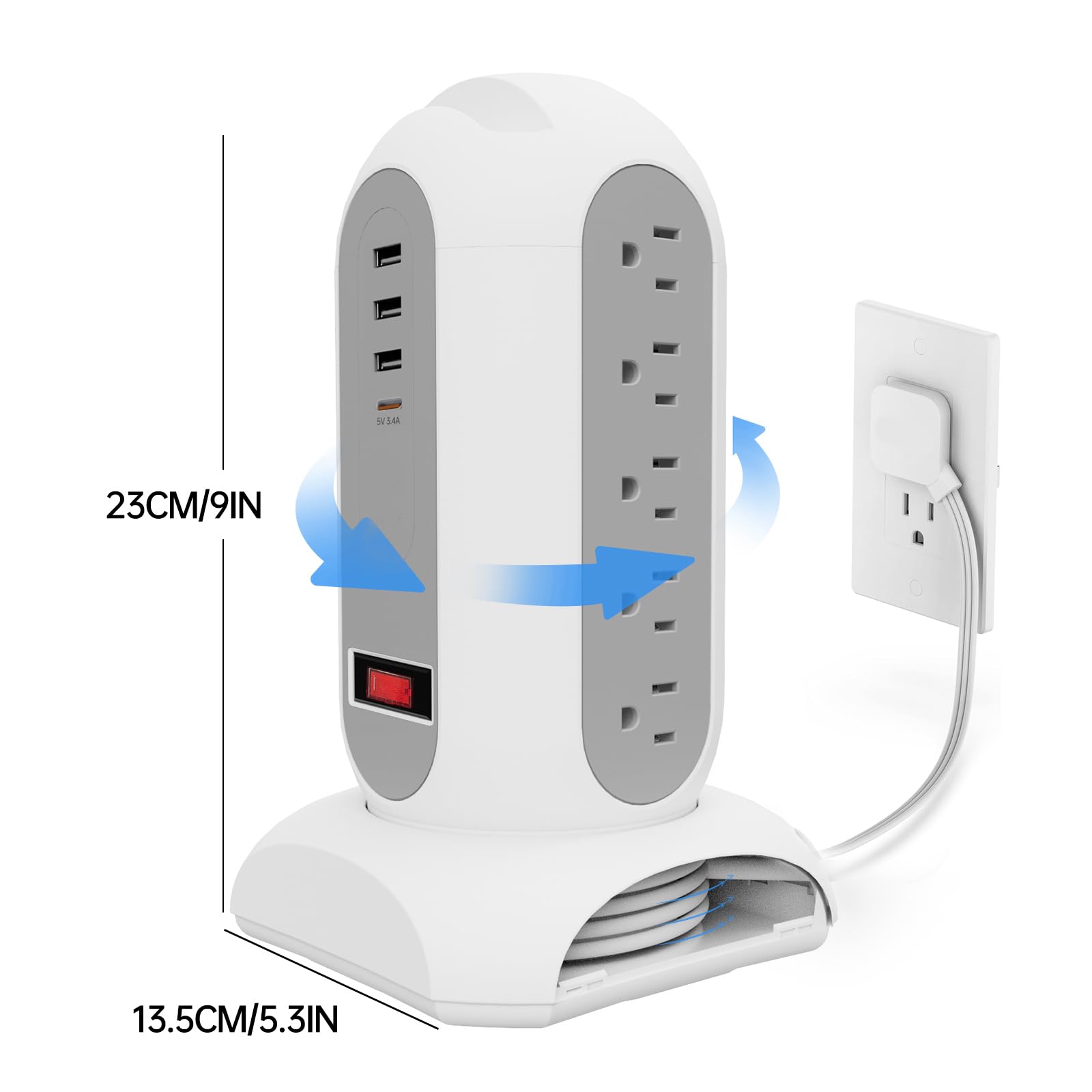 Przedłużacz z listwą zasilającą z zabezpieczeniem przeciwprzepięciowym z 15 gniazdami wielokrotnymi 6 stóp, 3 porty USB (1 USB C), listwa zasilająca wieża płaska wtyczka