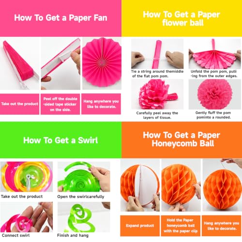 Image of 24 Pcs Neon Party Decorations Glow in the Dark Party Supplies | UV reactive fluorescent paper in pink, orange, yellow and green; paper fans, pom poms, honeycomb balls, banner and garland