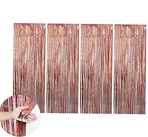 BetterJonny 4 Pack Foil Fringe Curtains Rose Gold Metallic Tinsel Foil Fringe Curtains Photo Booth Props for Birthday Wedding Engagement Bridal Shower Baby Shower Holiday Celebration Party Decorations