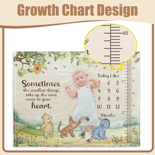 Image of the Pooh Baby Monthly Milestone Blanket, Winnie Monthly Blanket Growth Chart, Winnie Quotes Decor with Double-Sided Printed Cardstock(16 Unforgettable Moments of Babies) 30 * 40in
