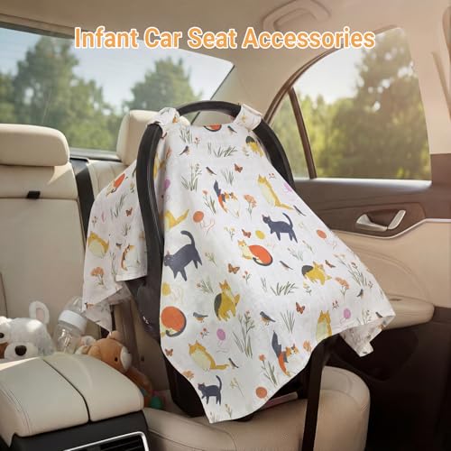 Image of Metplus Car Seat Cover Baby, 100% Muslin Cotton Infant Carseat Covers for Boys and Girls, Lightweight Breathable Canopy, Summer Stroller Sun Shade, Newborn Travel Essentials(Cat)