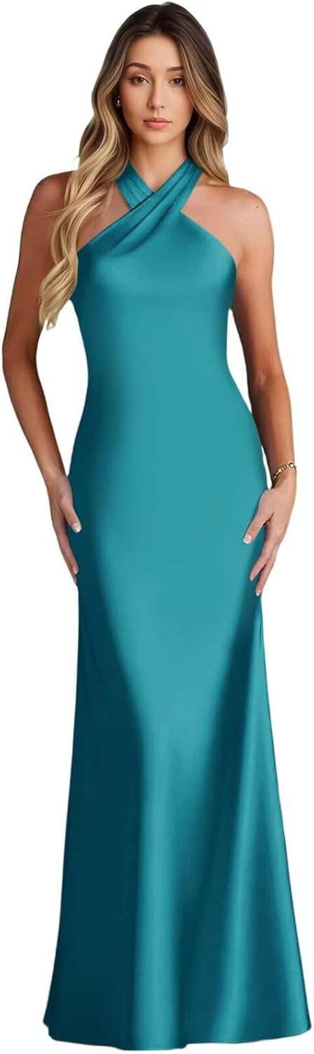 Eightale Halter Satin Bridesmaid Dresses for Wedding Long Mermaid Formal Prom Gown for Women
