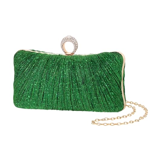 Image of Womens Golden Glitter Clutch Purse Pleated Evening Bag for Bridal Wedding Party with Rhinestone Ring