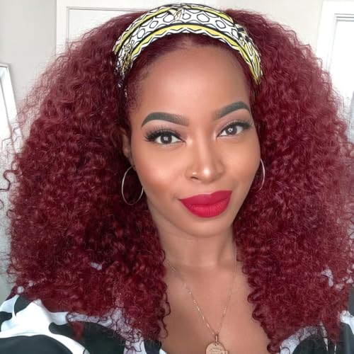 Image of XSY Headband Wig Human Hair Kinky Curly 99J Burgundy Headband Wigs for Black Women Deep Curly Human Hair Wigs None Lace Front Wig 150% Density 22 Inch