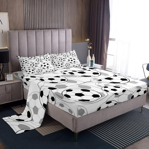 Feelyou Football Bed Sheet Set Soccer Ball Sports Pattern Bedding Sheets for Kids Boys Girls Sports Theme Bedding Fitted Sheet Ball Competition Games Bed Cover Bedroom Collection 4Pcs Queen Size