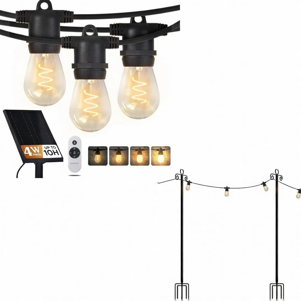 Brightech Bundle Ambience Pro Super Bright 48 Ft, 15 Bulbs Solar Power Remote Control Outdoor String Lights + 2-Pack 10FT String Light Poles