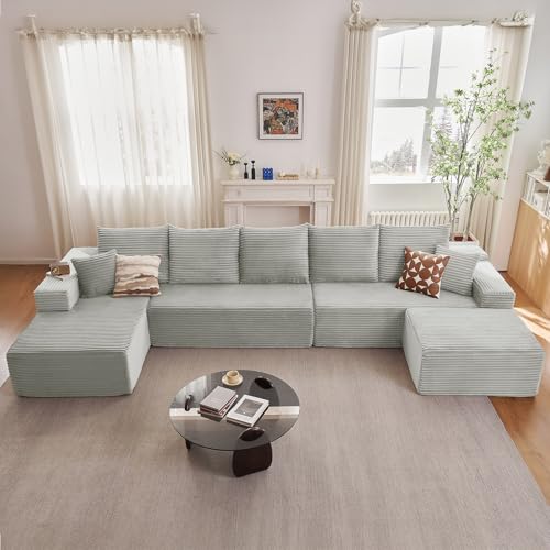 Image of Oversized Modular Sectional Sofa Couch, Large 6 Seater Corner Sofa Modern U Shaped Sectional Couch Cloud Couches for Living Room, Office, Spacious Space, Corduroy,No Assembly Required, Light Grey