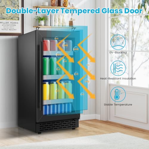 Image of 15 Inch Black Beverage Refrigerator, 130 Cans Beverage Cooler Under Counter,Freestanding 37-65F Mini Beverage Fridge with Glass Door& Stainless Steel Shelves