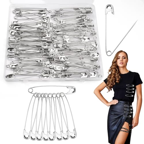 100 PCS 3 Inch Large Safety Pins for Clothes, Big Heavy Duty Safety Pins, Rust-Resistant Nickel Plated Steel Clothing Pin for Clothes Sewing Craft