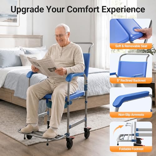 Image of 4-in-1 Bedside Commode with Wheels, Heavy Duty Shower Chair, 330LBS Capacity, 360 Lockable Casters, 18.9 inch Wide Seat, Detachable 6L Bucket, Portable Toilet for Elderly and Disabled