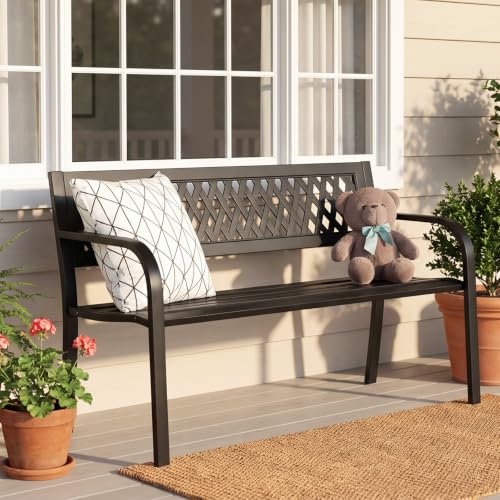 Image of VINGLI 47'' Outdoor Bench, Weather Resistant Garden Patio Bench Powder Coated Iron Frame w /PVC Mesh Backrest Slatted Seat, 2-Person Outdoor Furniture for Front Porch Entryway Park (Black)