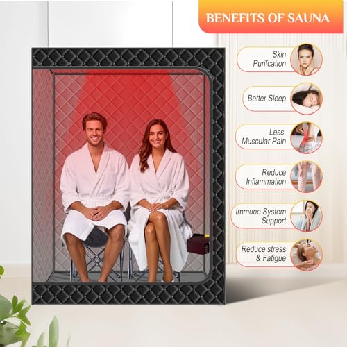 Image of Smartmak 2 Person Portable Sauna Box with Infrared 660nm Red Light Therapy Lamp for Home Relaxation, Large Full Body Sauna Tent, 1500W High Power Hot Air Saunas Spa Pod, 2 Folding Chairs