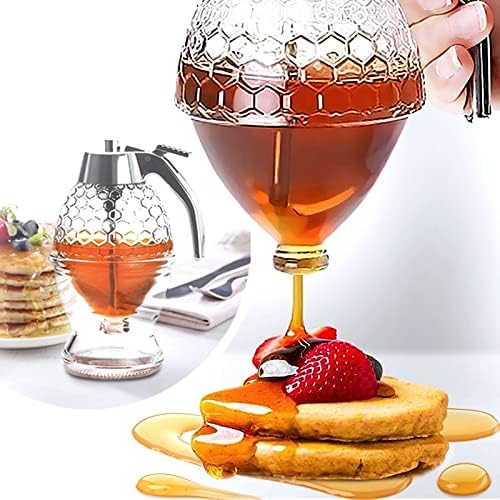 Glass Honey Dispenser – No Drips, No Trails – CLEVLI Honey Container 8 Oz with Stand – Easy to Clean Honey Pot – Honey Jar with Dipper – Maple Syrup Dispenser – Syrup Holder with Honeycomb Design