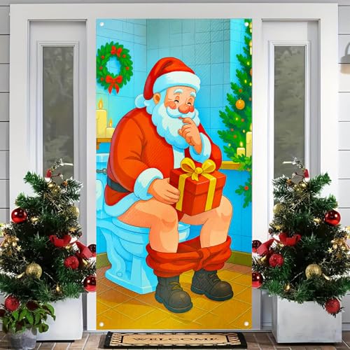 Image of BlissYard Holiday Door Cover Santa Wrapped Box 35x71 Inch Polyester