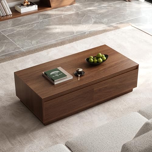 homary Mid Century Coffee Table – 47' Rectangular Block Design Living Room Center Table with 4 Storage Drawers, Warm Walnut Veneer, Spacious Tabletop for Modern Home Décor (Walnut)
