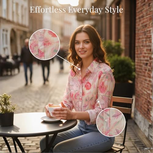 Image of Womens Cotton Floral Button Down Shirt Lightweight Long Sleeve Casual Blouse Collared Top with Pink Flower Print for Office Wear Daily Outfits Travel Brunch and Comfortable Everyday Use