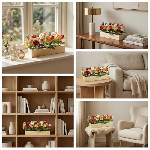 Image of Dekorly Artificial Mini Onion Flower Arrangement with Wooden Planter (24 CM) | Premium Realistic Floral Decor for Table & Living Room | Stylish Indoor Decor for Living Room