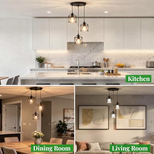 Phaosio 3 Light Pendant Lighting, Farmhouse Hanging Light Fixture for Kitchen Island & Dining Room, Industrial Vintage Ceiling Lamp with E26 Base, Adjustable Height, Matte Black by Phaosio - Image 9